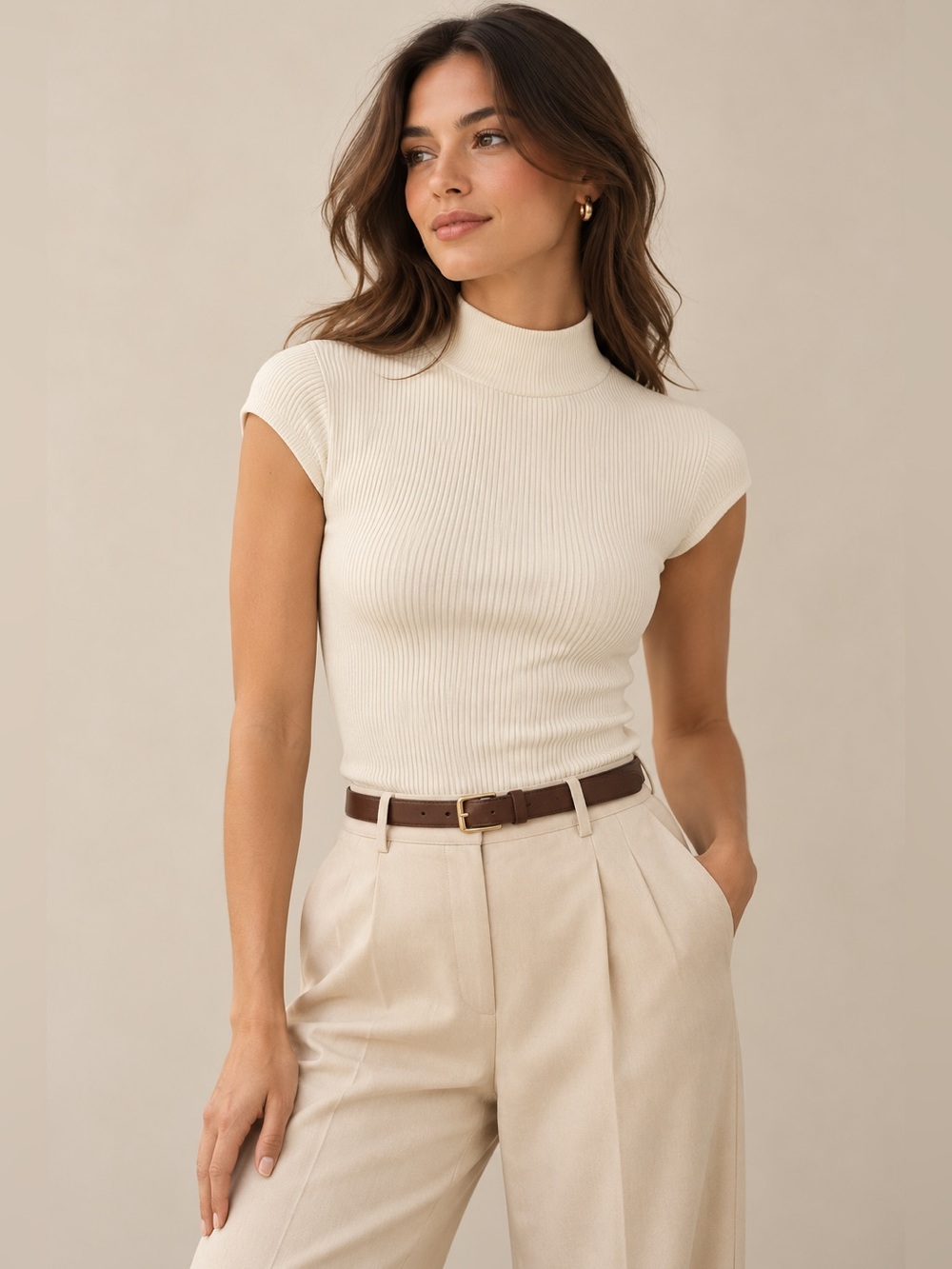 ZARA Ribbed Mock Neck Knit Top – Size M – Ivory
